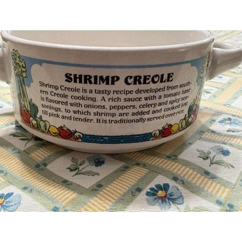 Shrimp Creole, Crab Bisque, Crawfish Étouffée, Gumbo 4 Two Handle Bowls 1990